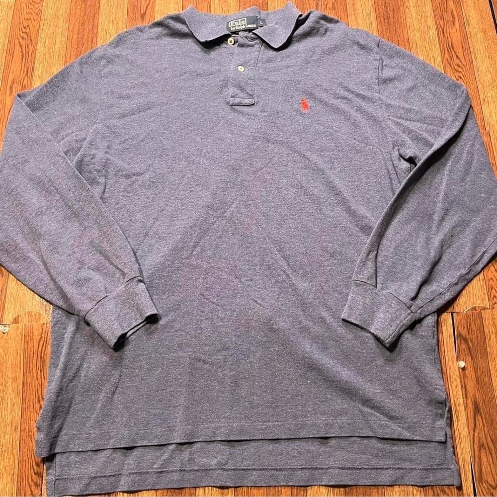 Polo Ralph Lauren Blue Heather Vintage Long Sleeve Golf Polo Button‎ Shirt Large